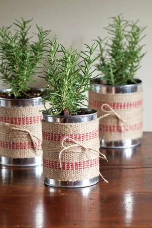 burlap wrapped tin cans - so cute and simple.: 
