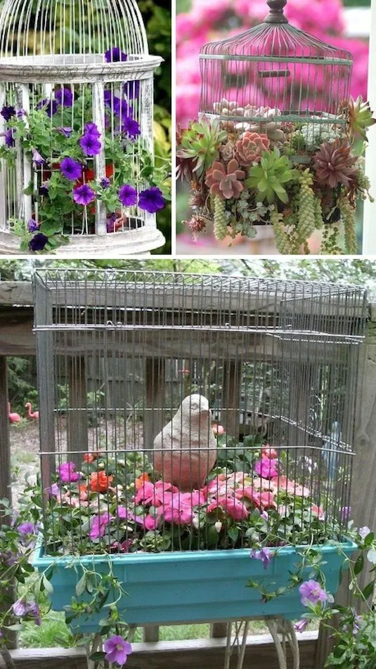 decorar jardin reciclando jaulas