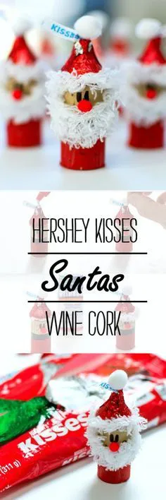 Christmas Crafts with Kids - Wine Cork Santas with Hershey Kiss Hats