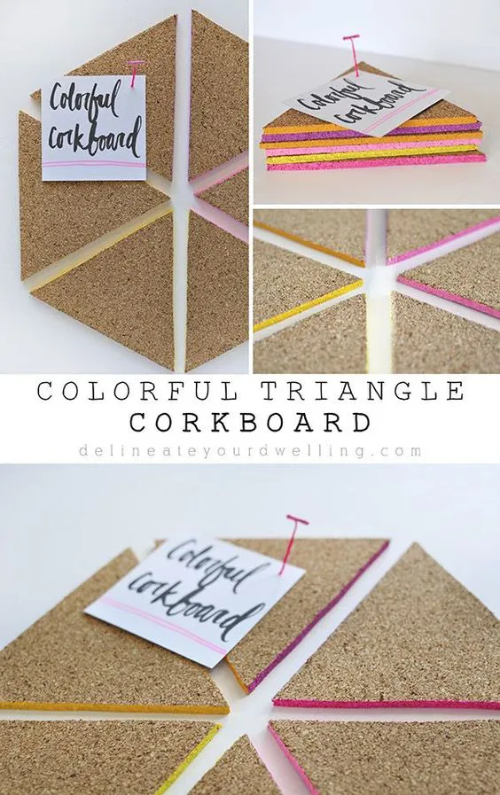 Easy Colorful Triangle Cork Board, a perfect and cheerful way to keep organized! Delineateyourdwelling.com