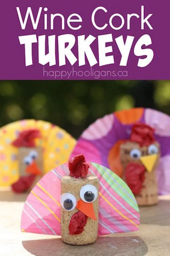 Cork Turkey Craft for kids to make for Thanksgiving. Cute and easy last minute Thanksgiving craft to keep the kids busy while you're carving the turkey. Great table toppers for your Thanksgiving table, and super way to use up your wine corks! - Happy Hooligans