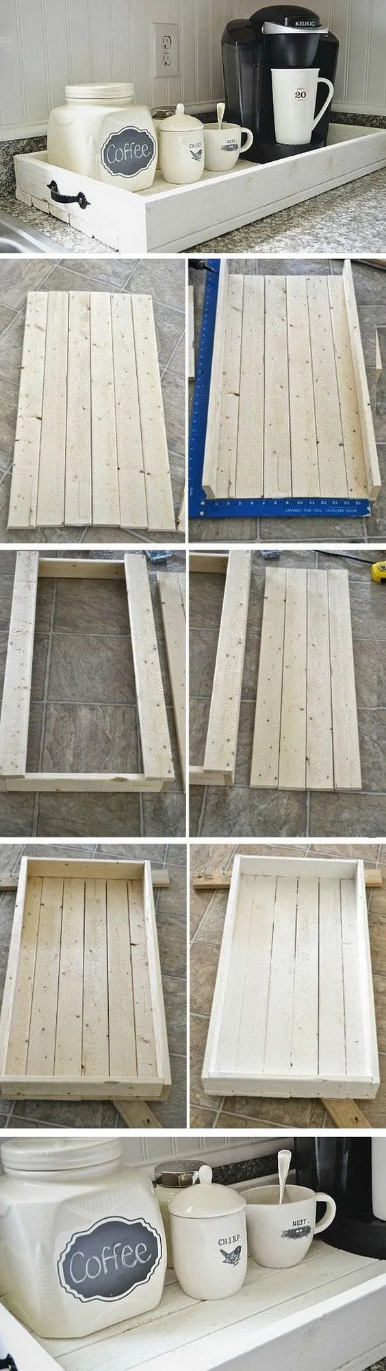 DIY Rustic Wood Tray. Love this tray for our coffee station in my kitchen! You can make it with some pallet wood boards and a bit of woodworking skills.: 