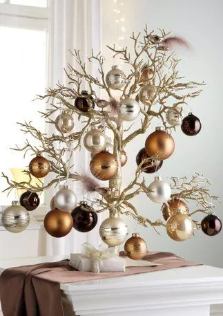 Tabletop Christmas Tree with copper, silver, chocolate ornaments: 