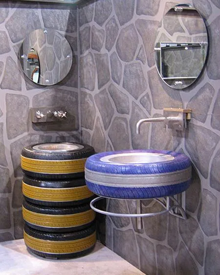 Tires for the bath-not my first choice, but very creative and used in the proper setting (garage, mechanic shop, tire sales, auto sales) would be great.: 