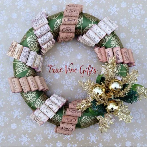 Wine Cork Christmas Wreath in Green and Gold