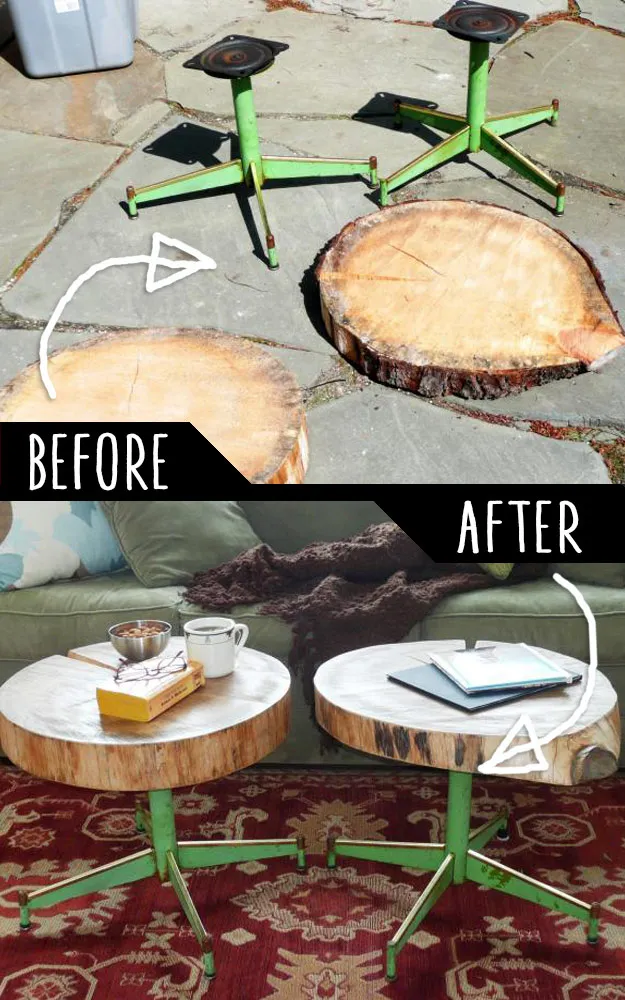 DIY Furniture Hacks | Accent Tables Using Rough Cut Logs and Old Metal Chair Legs | Cool Ideas for Creative Do It Yourself Furniture | Cheap Home Decor Ideas for Bedroom, Bathroom, Living Room, Kitchen - http://diyjoy.com/diy-furniture-hacks