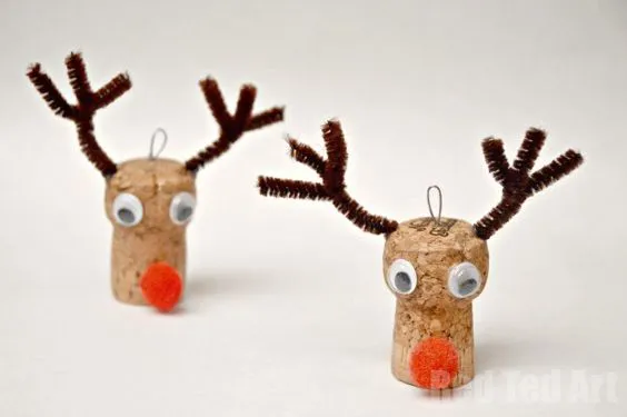 Super cute Reindeer Ornaments - we love cork crafts. So cute and fun. Here we made a little Rudolph Ornament for the kids "mini trees",