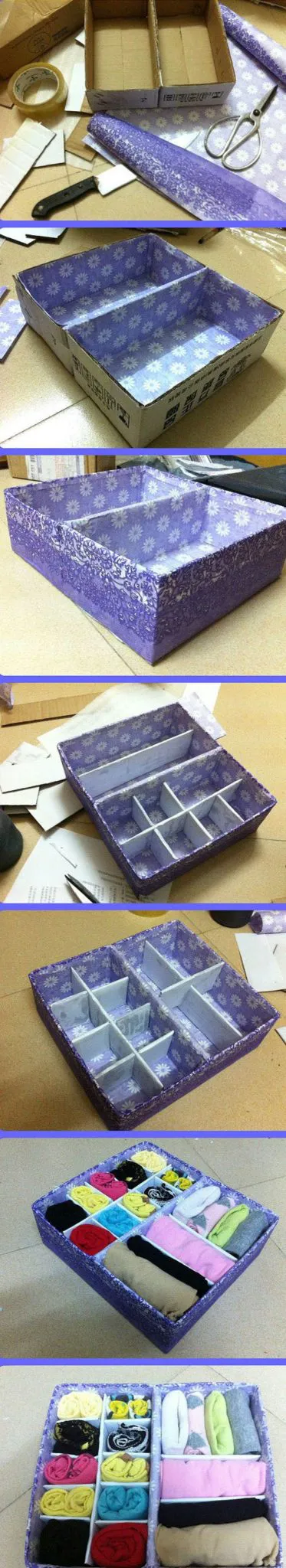 cajas de cartón forradas con papel o tela para ordenar cajones paso a paso
