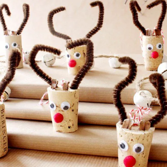 An easy spin on the wine cork reindeer ornament. These little fellows are sure to light your Christmas tree this holiday season.