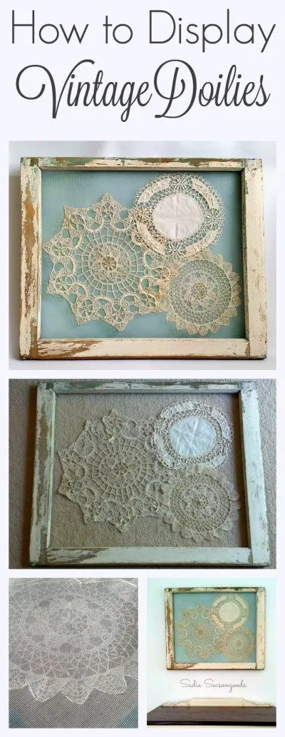 Displaying vintage antique crochet doilies in a salvaged window frame by Sadie Seasongoods / www.sadieseasongoods.com: 