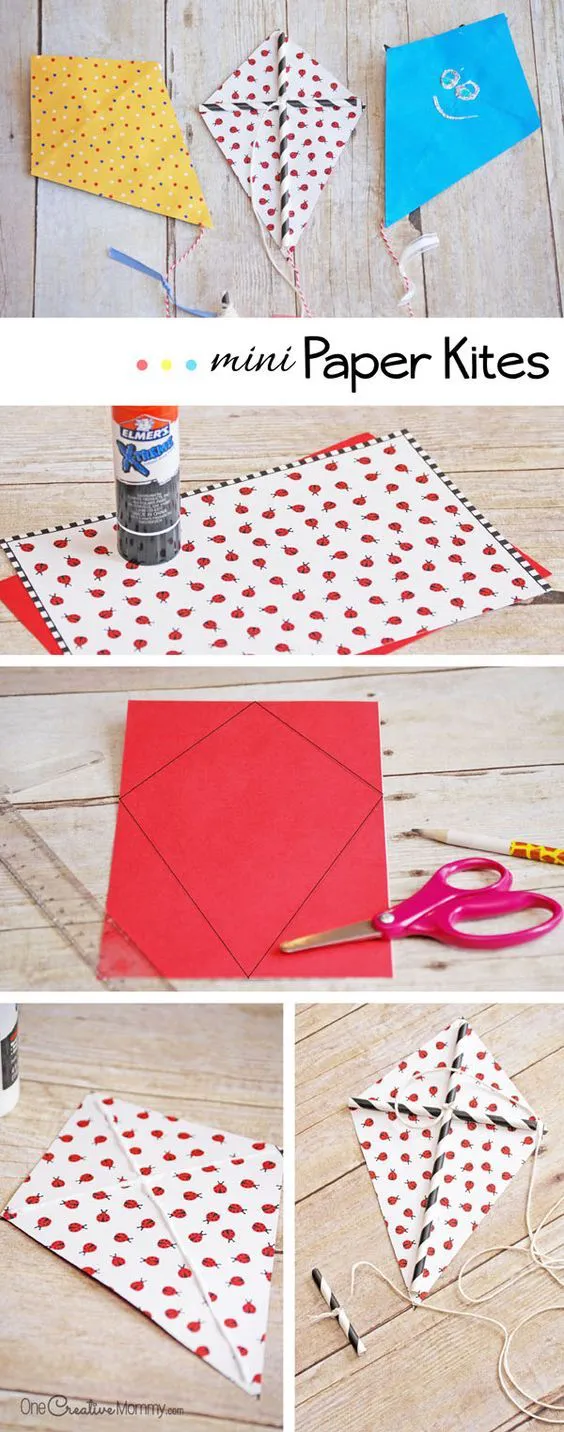 Get your kids outdoors and bust boredom this summer with easy mini paper kites! This simple kids craft is great for summer and fun for the whole family.:: 