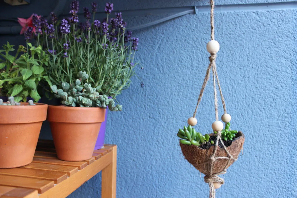 porta macetas de macrame con coco