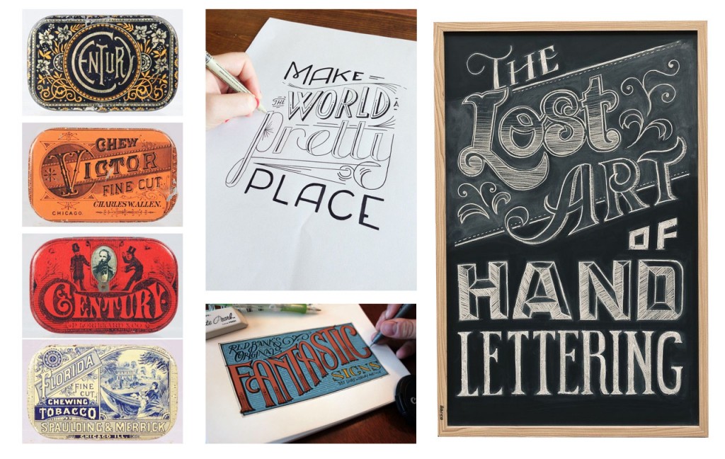 Cajas de lata vintage, trabajando el lettering, lettering a color y pizarra vistos en Pinterest.